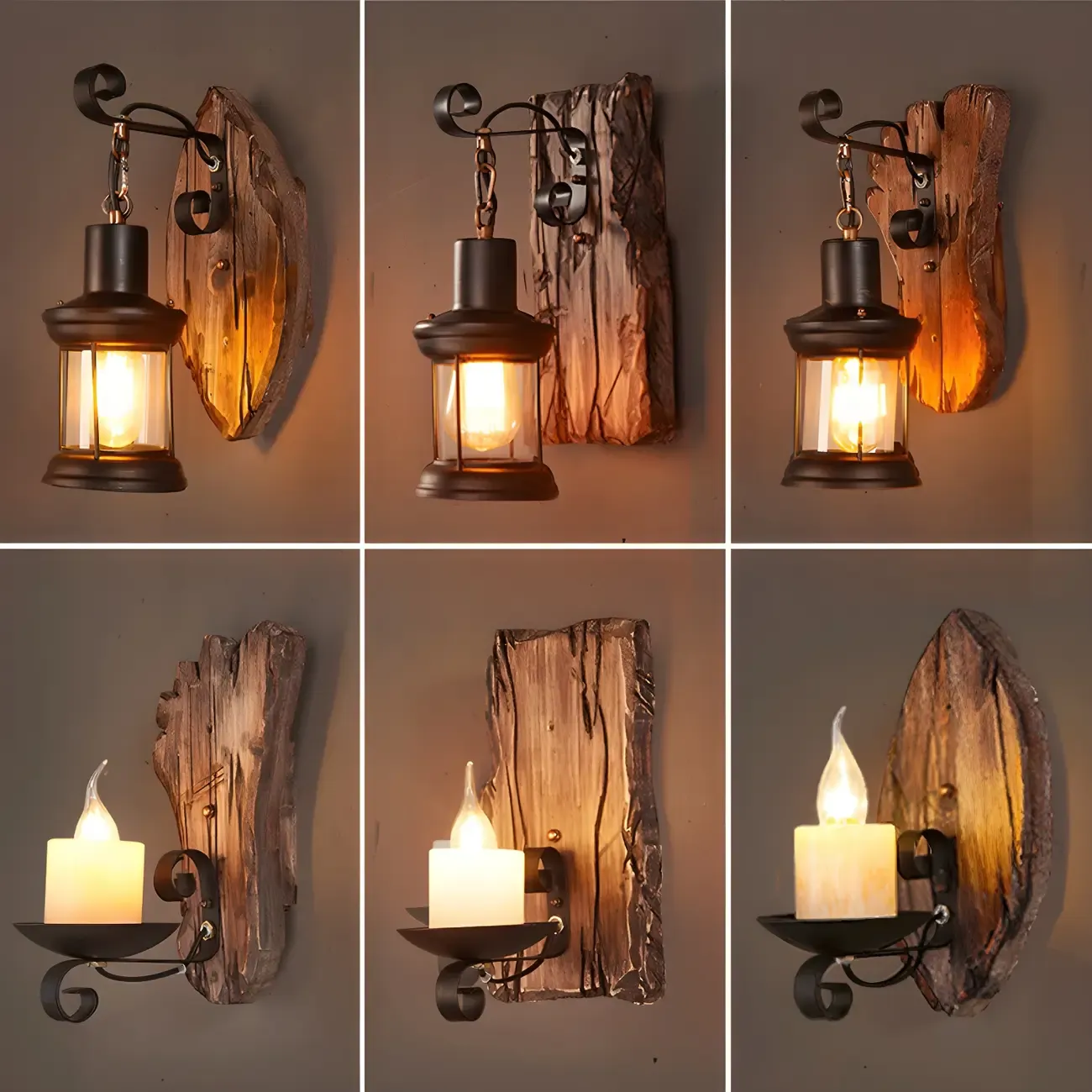 Industrial Vintage Lantern LED Wall Sconce with Wood Accent