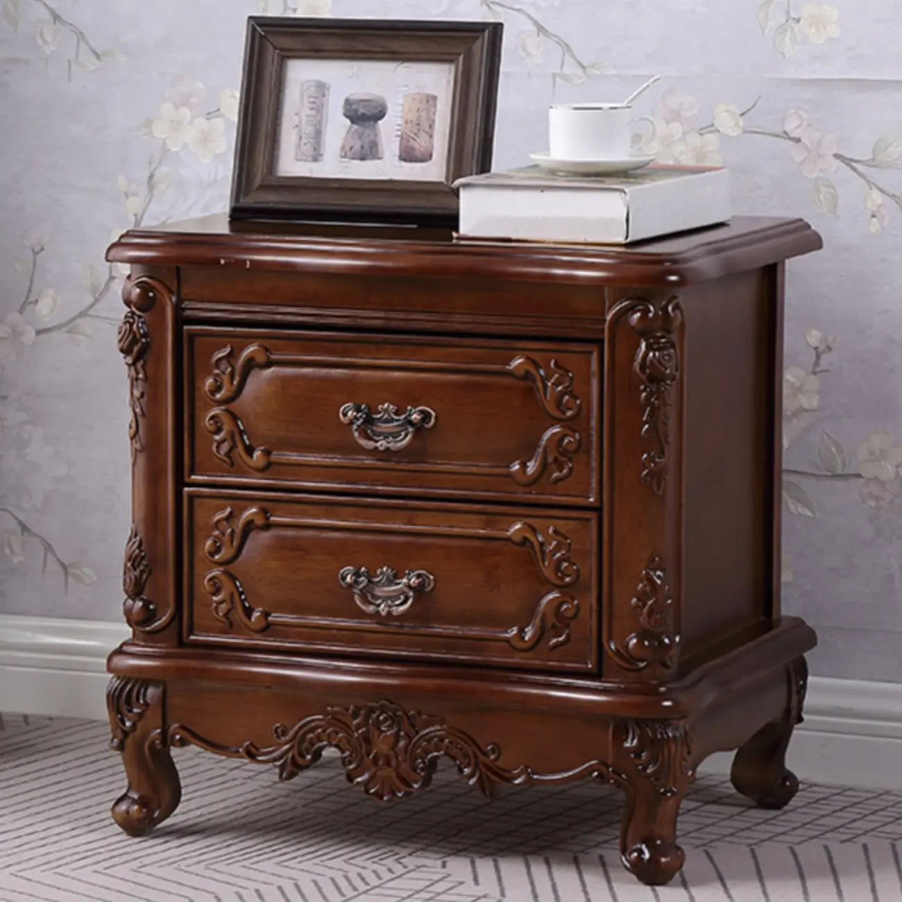 Traditional Carved Wood 2-Drawer Nightstand