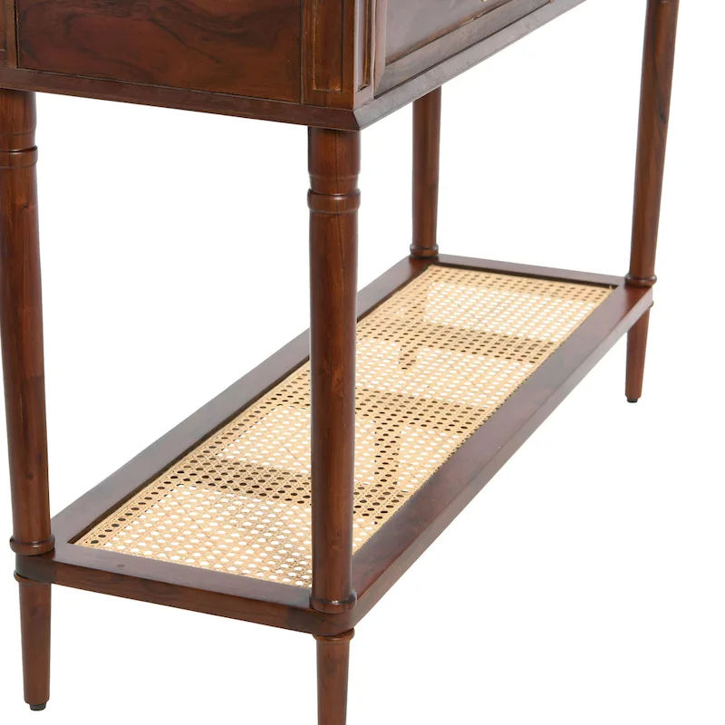 Acacia Wood Console Table with Cane Shelf
