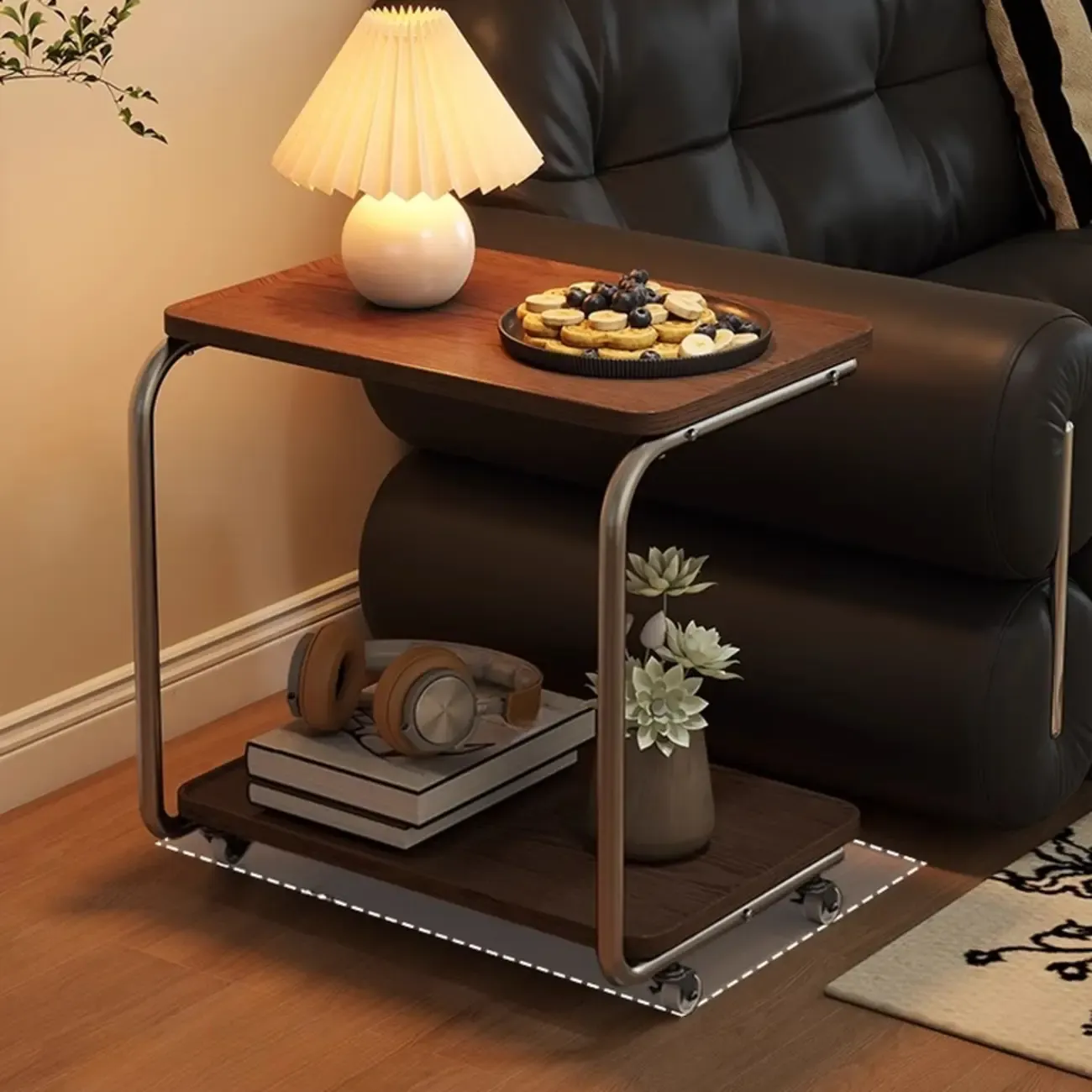 2-tier Rectangular C-shaped Wood Side Table with Wheels