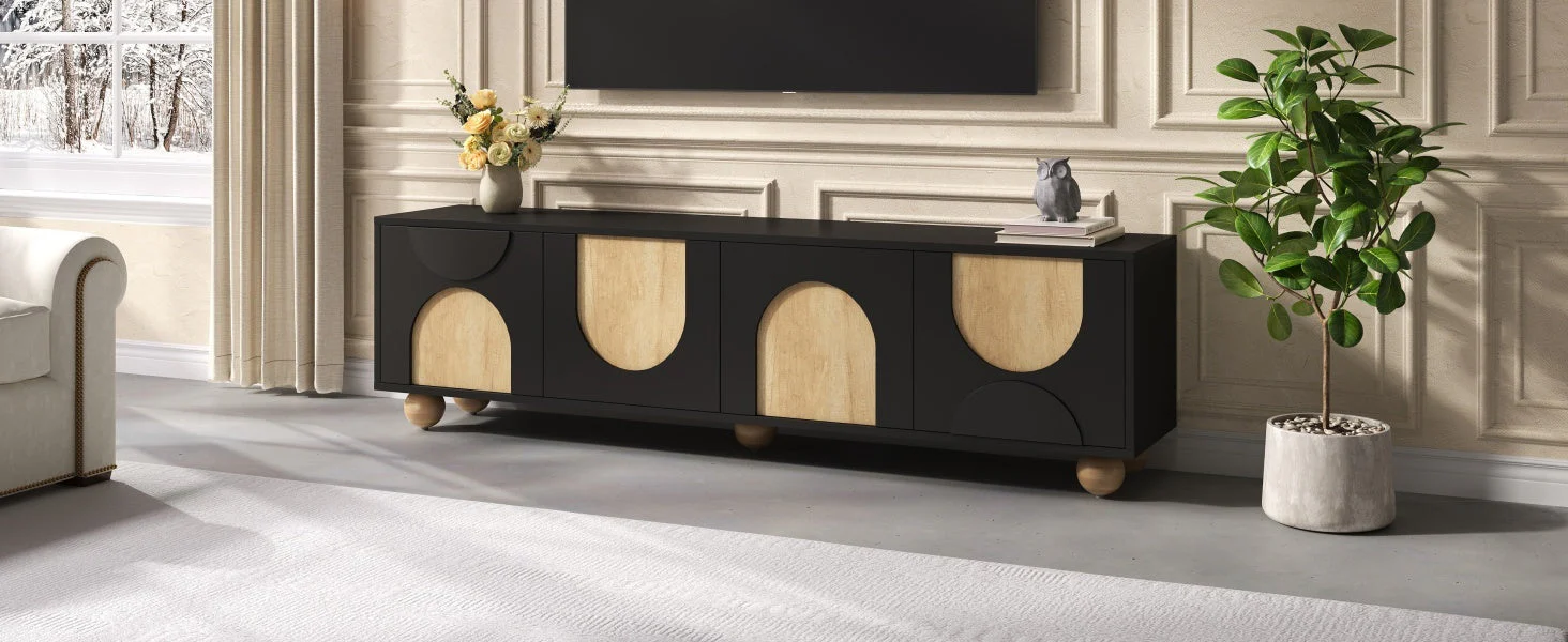 Modern Curve Shape Two Tone 69.6' TV Stand with Ball Feet Detail