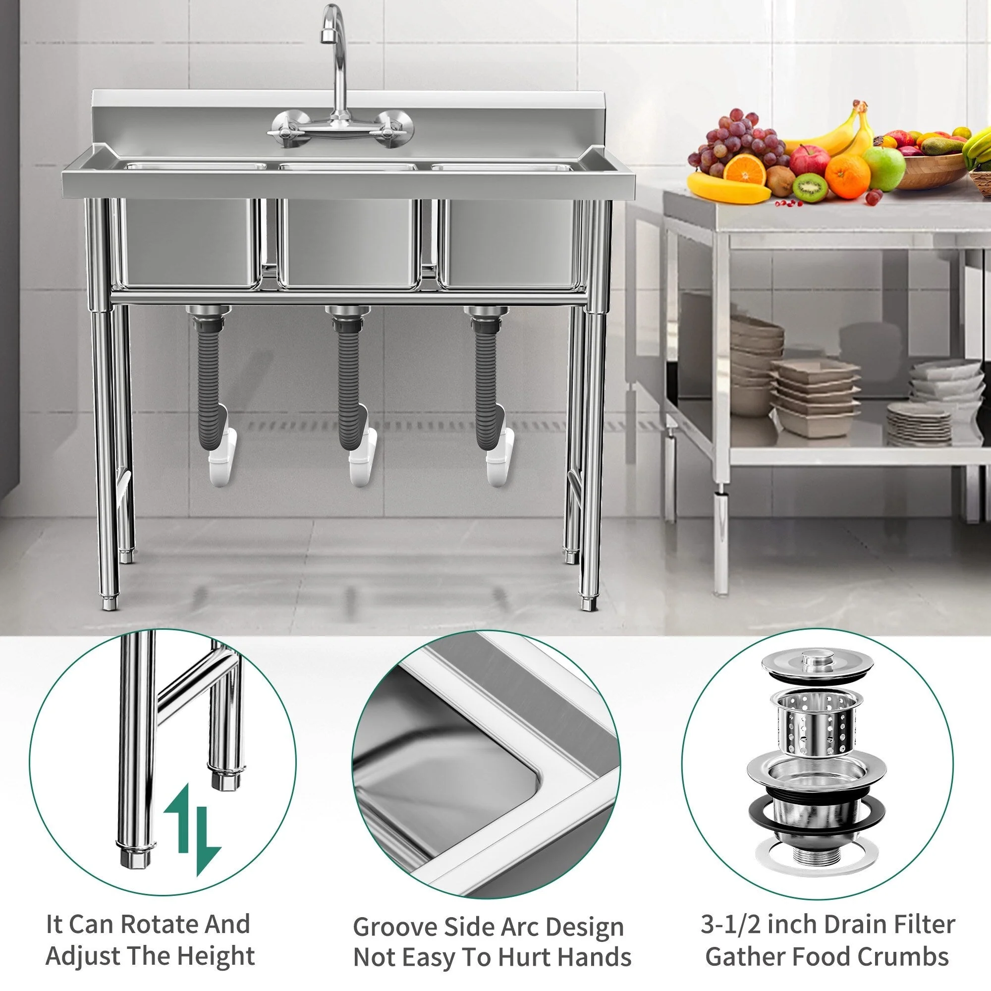 Kitchen Sink Stainless Steel Compartment Bowl Freestanding Commercial Sink