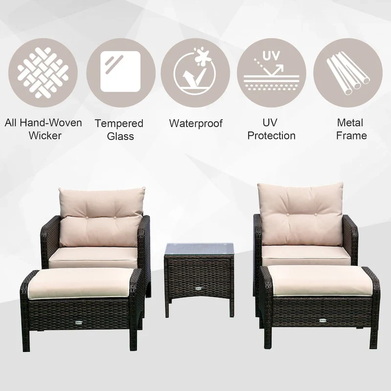 Outsunny 5-piece Wicker Patio Chairs, Ottomans, and Coffee Table Set