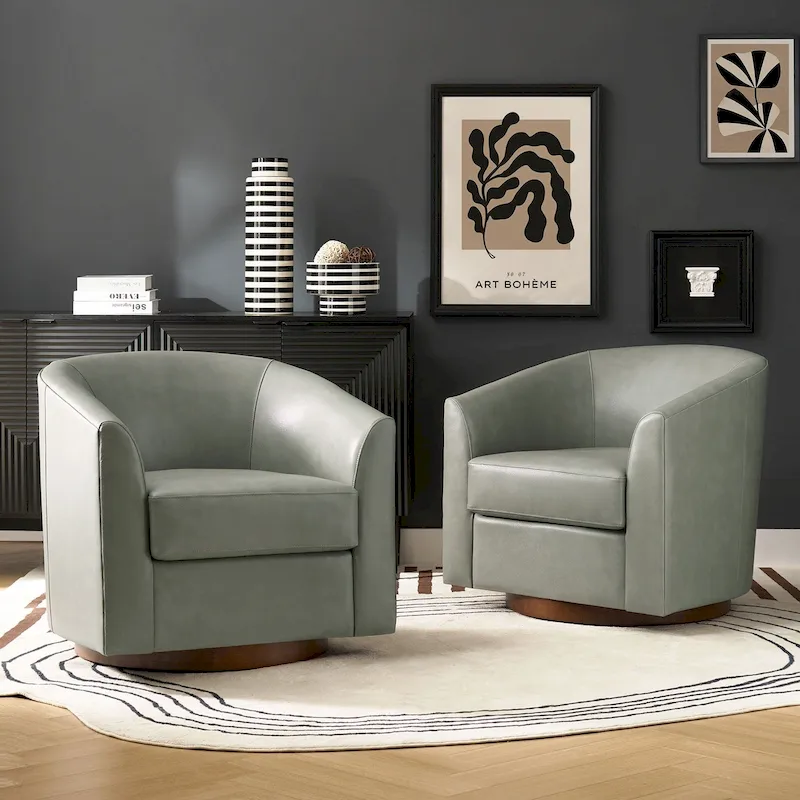 Althea Modern Genuine Leather Swivel Barrel Chair with Solid Wood Base Set of 2 By HULALA HOME