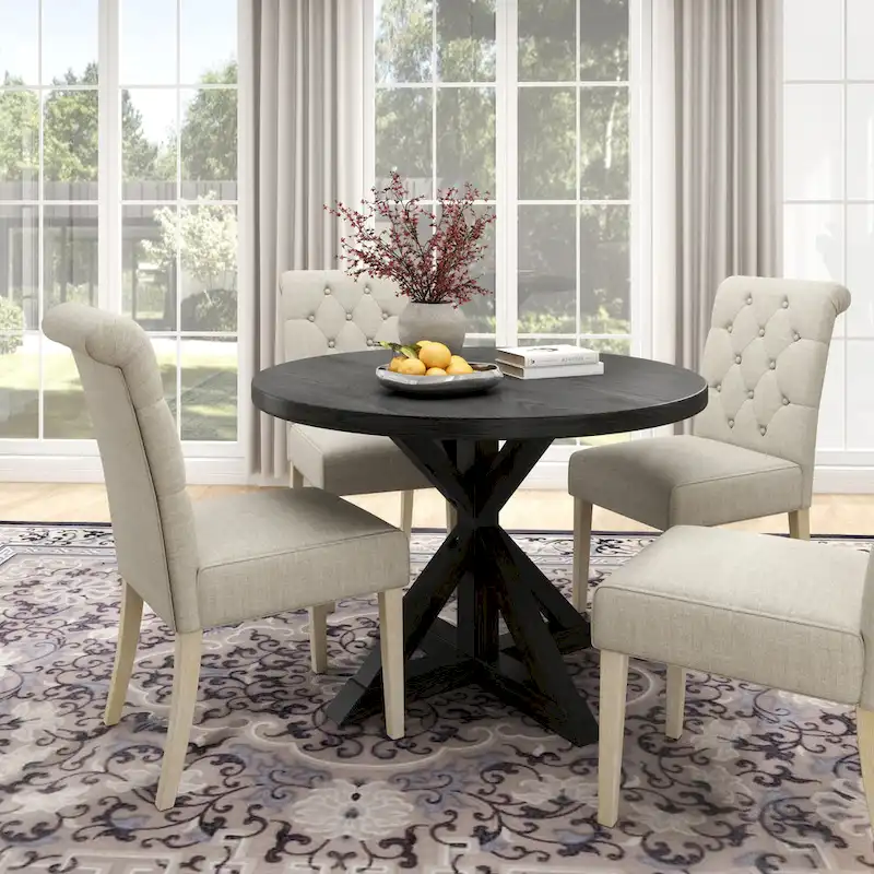 5 Piece Dining Table Set, Wooden Kitchen Furniture Set, Round Table with Cross-Buck Pedestal Base and 4 Tufted Chairs