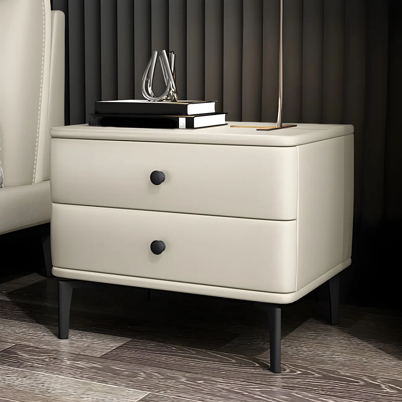 Modern Black Leather Bedside Table with Drawers