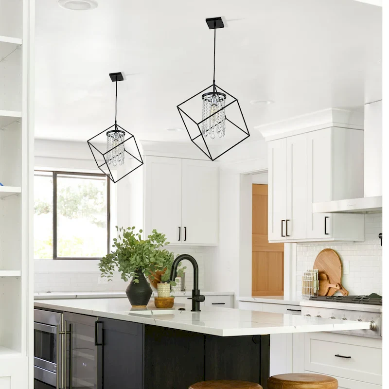 C Cattleya 1-Light Black Geometric Hanging Pendant Light with Cylinder Crystal Beads Shade