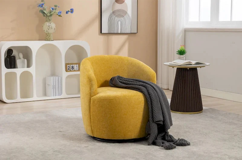 Yellow Chenille Modern 25.6 Swivel Barrel Chair with Metal Ring