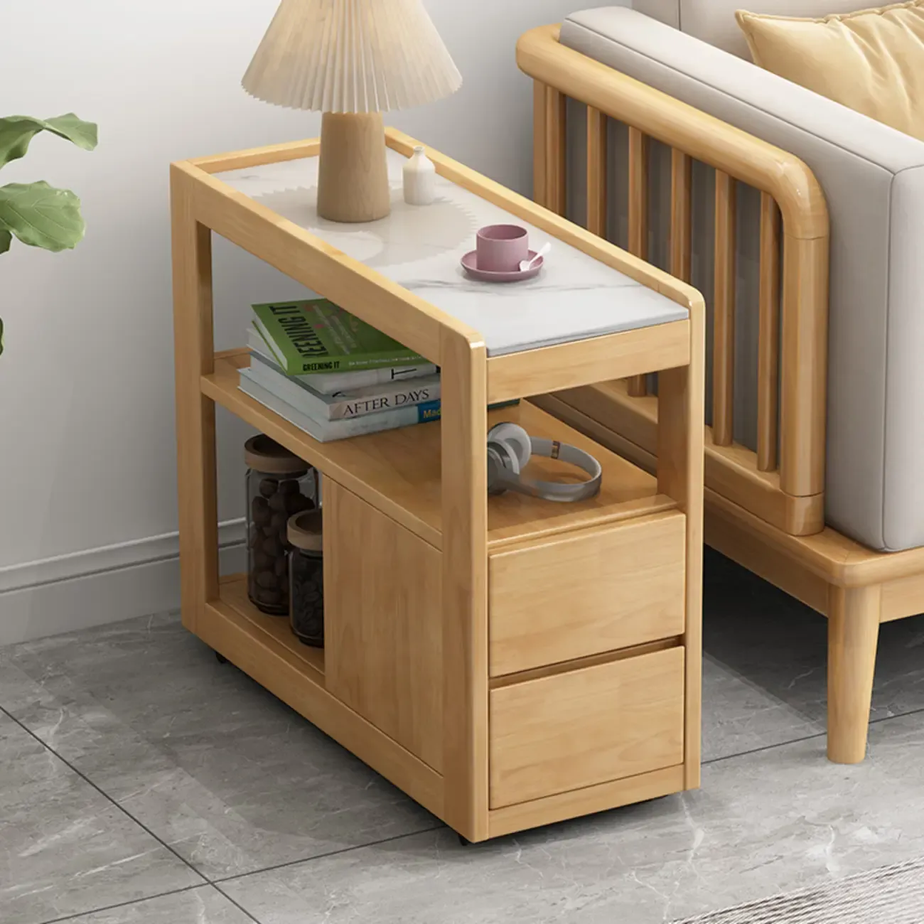 Narrow Sintered Stone Top Wheeled Side Table with Drawers