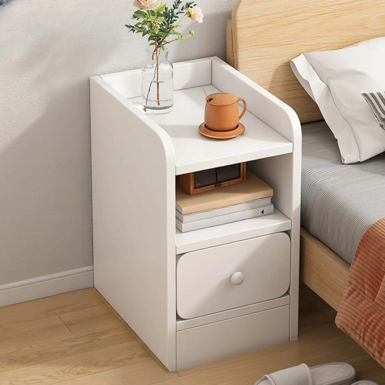 Modern Bedside Table with Drawers - White Nightstand