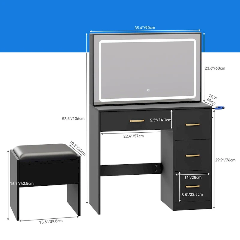 Moasis Vanity Set with Led Lights Makeup Desk Dressing Dresser Desk Table with 4 Drawer - 35.43L x 15.74W x 53.54H