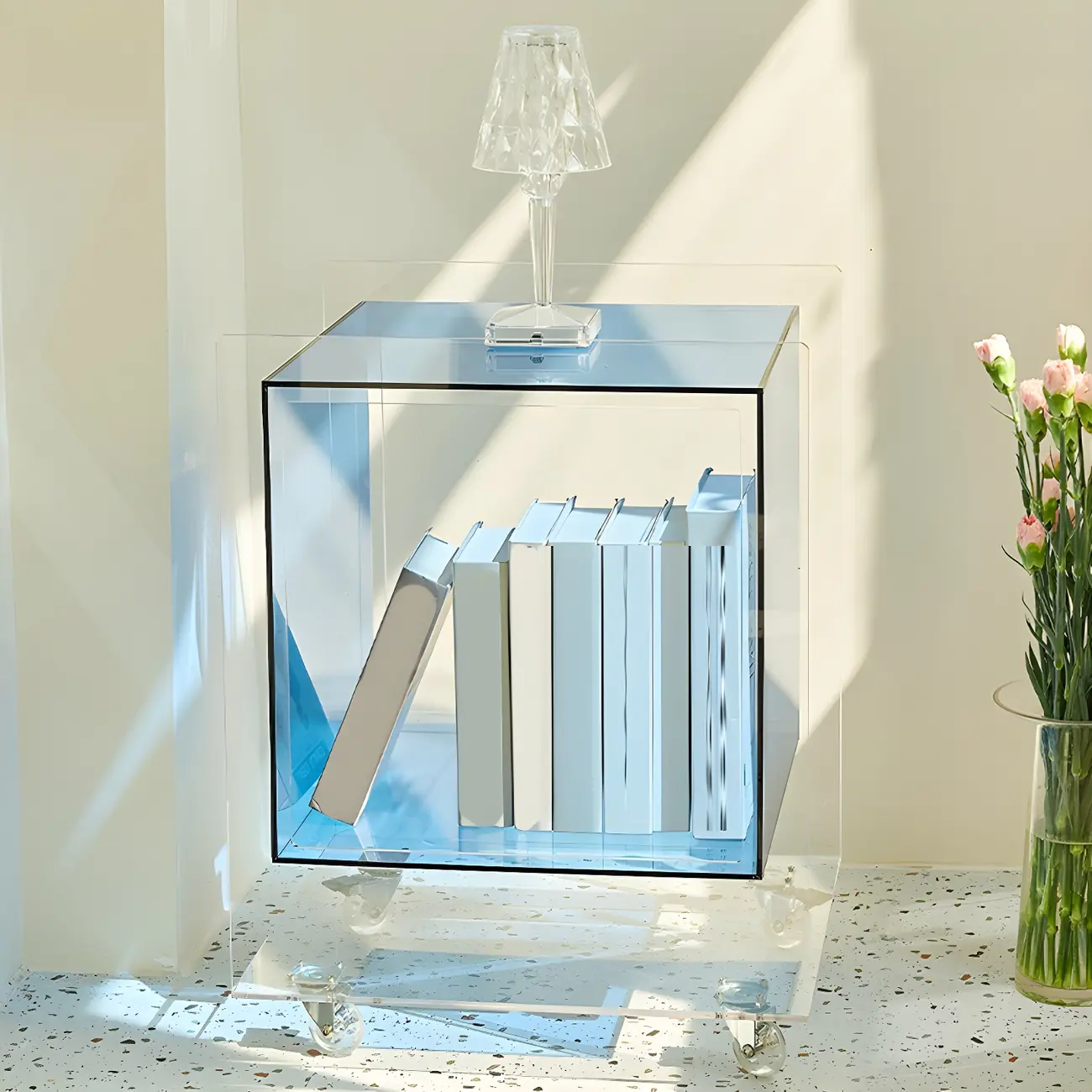 Modish Transparent Acrylic Nightstand with Open Shelf & Wheels