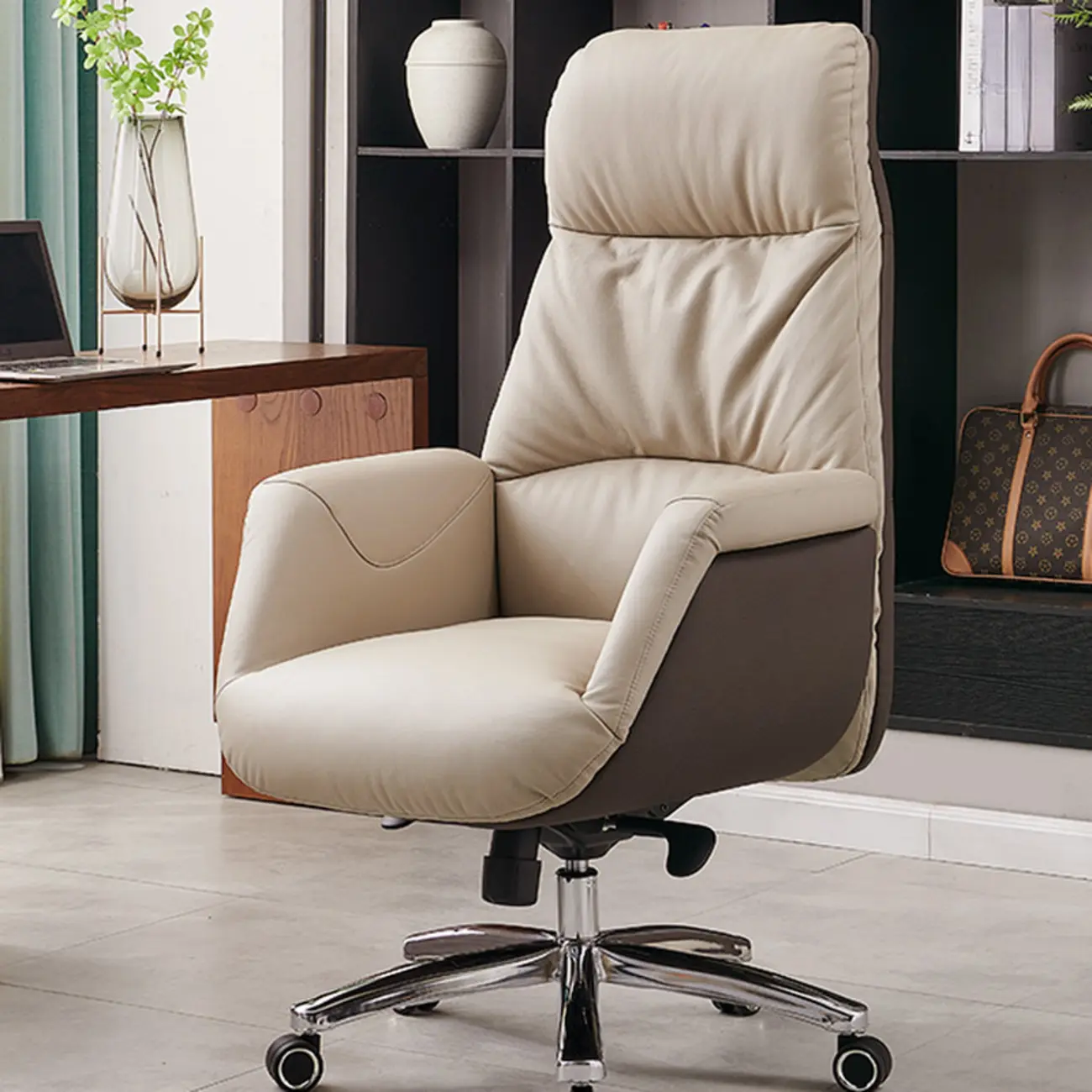 Beige Genuine Leather Swivel Ergonomic Chair with High-Back