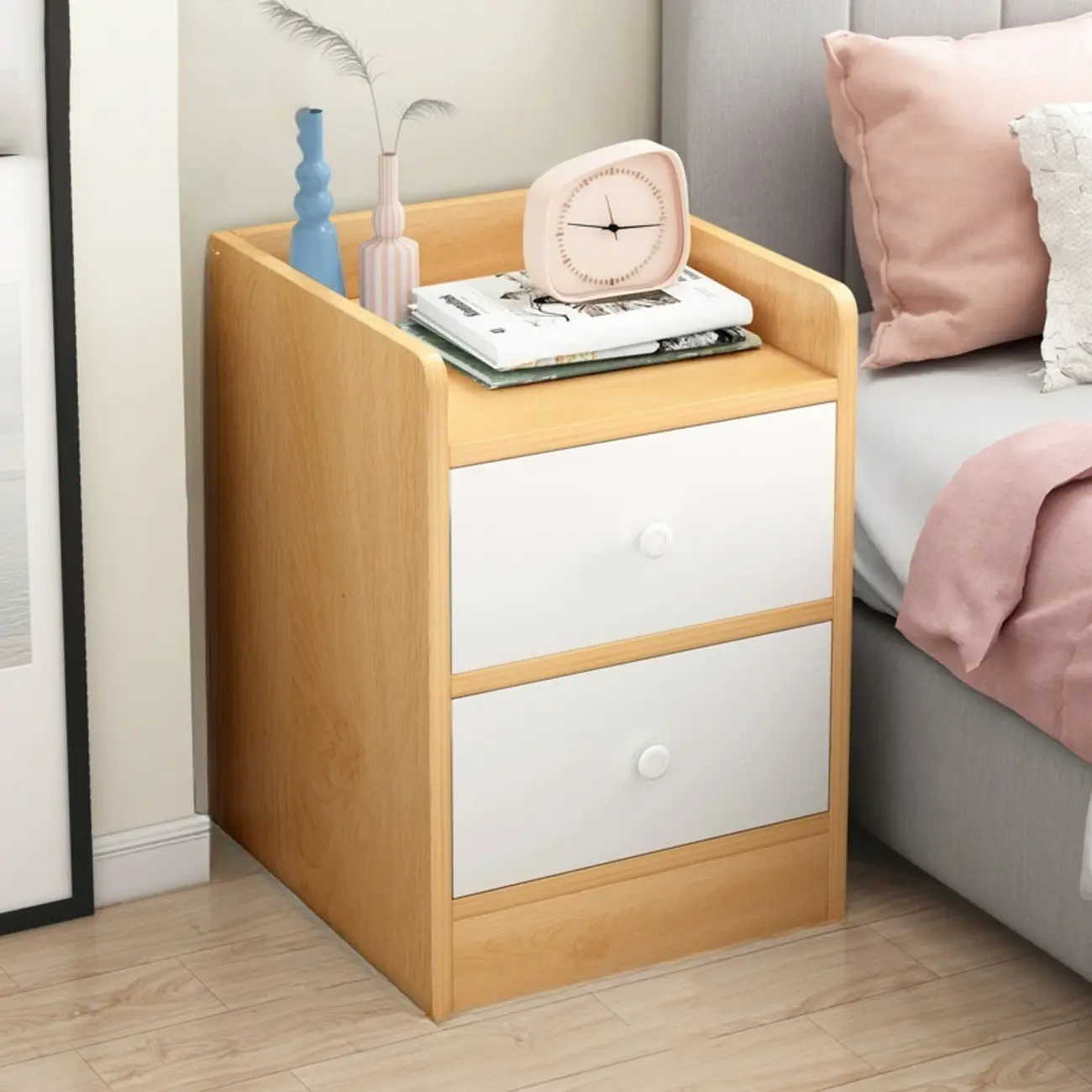 Scandinavian Wooden 2-Drawers Narrow Nightstand