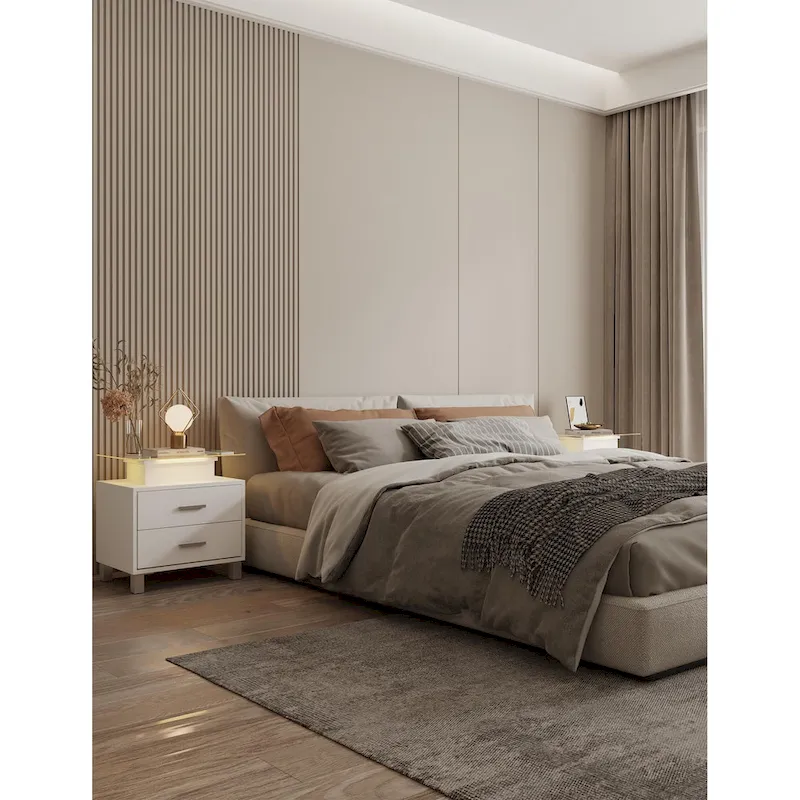 Modern Nightstand with Charging Station and LED Lights - 2 Drawers