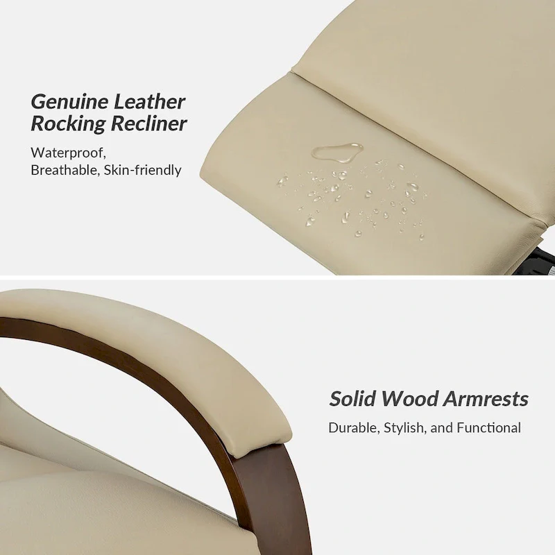 Leopold Modern Genuine Leather Swivel Rocking Manual Recliner Chair with Wooden Arm Accents by HULALA HOME