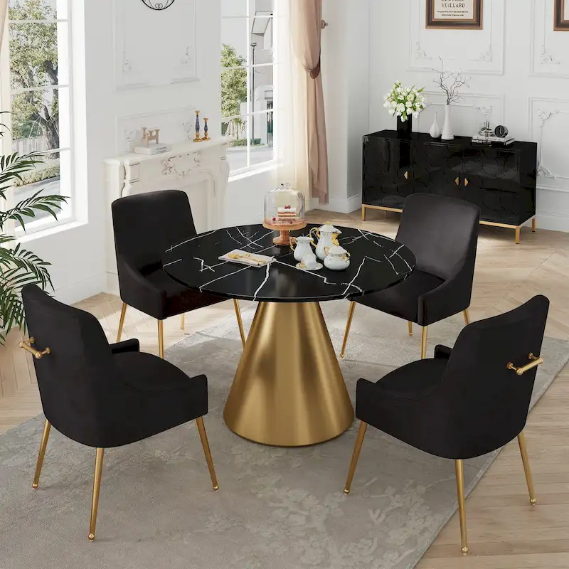 Clihome 5 Piece Black Marble Top Table with Velvet Dining Chair Set