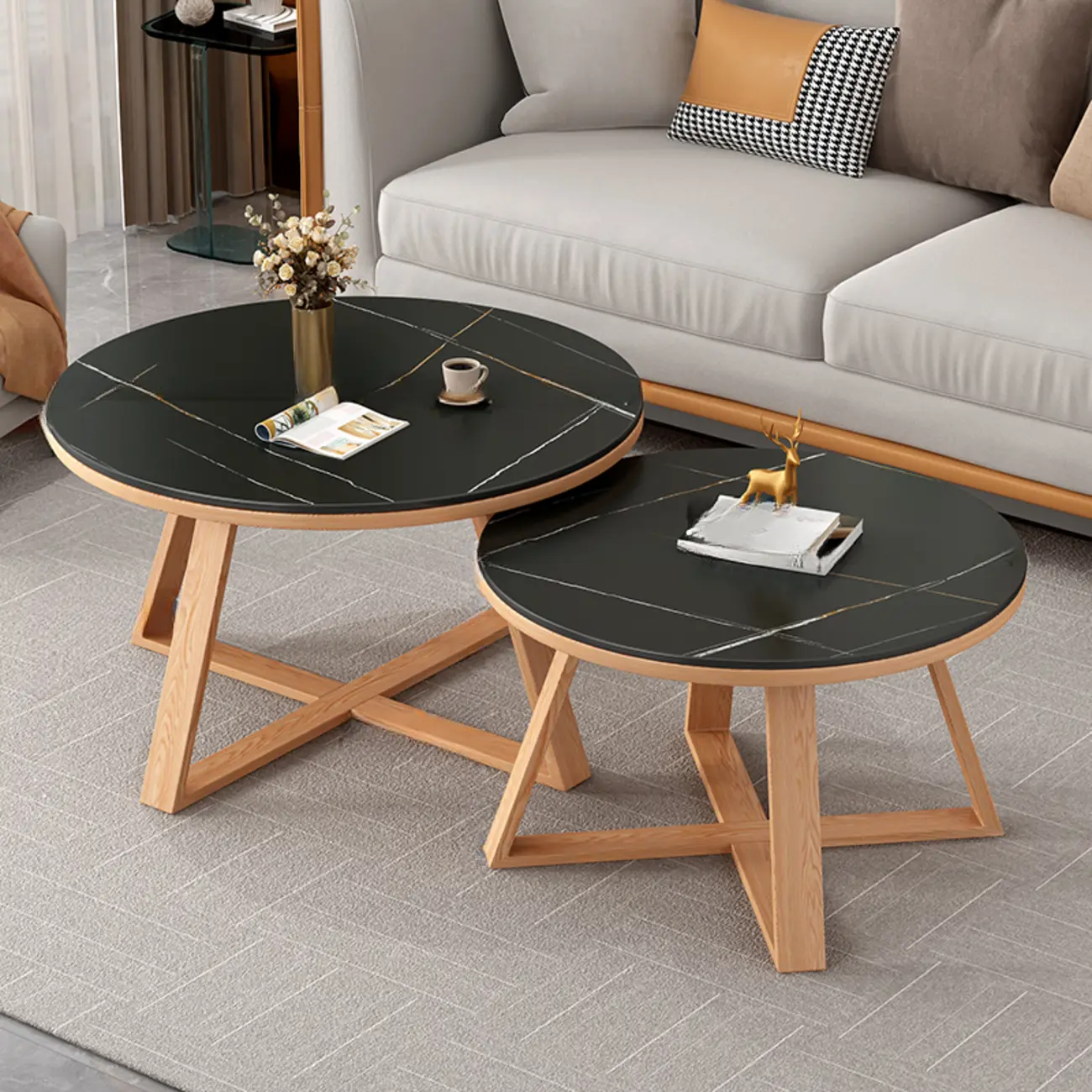 Modern Marble Round 2 Nesting Coffee Table Set with Wood Base
