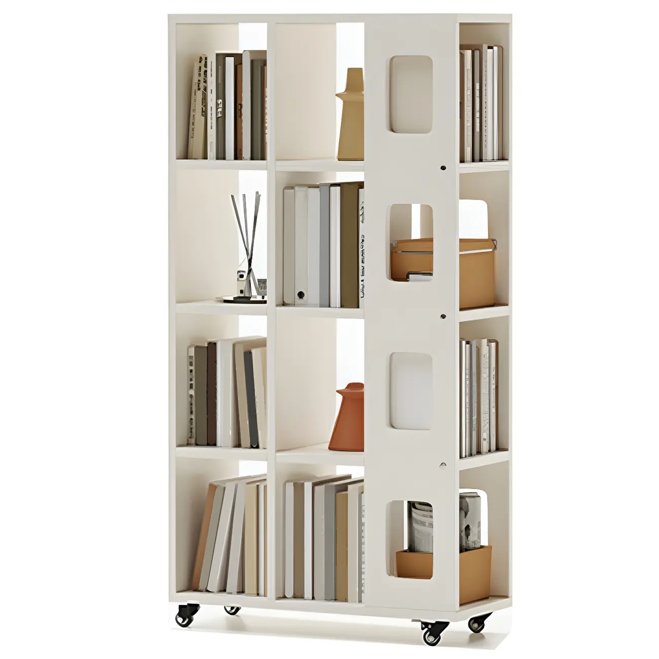 Mid-Century Nut-Brown Wood 5-Tier Bookcase on Wheels