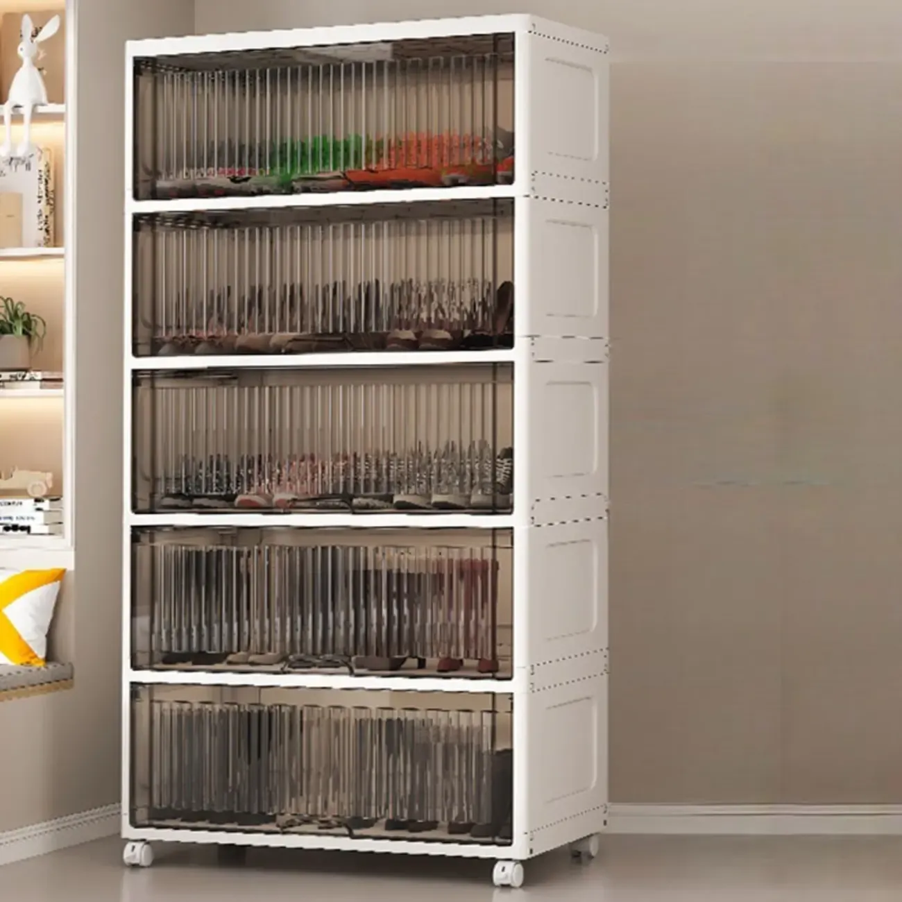 Hallway White Plastic Drop-Front Shoe Cabinet with Casters