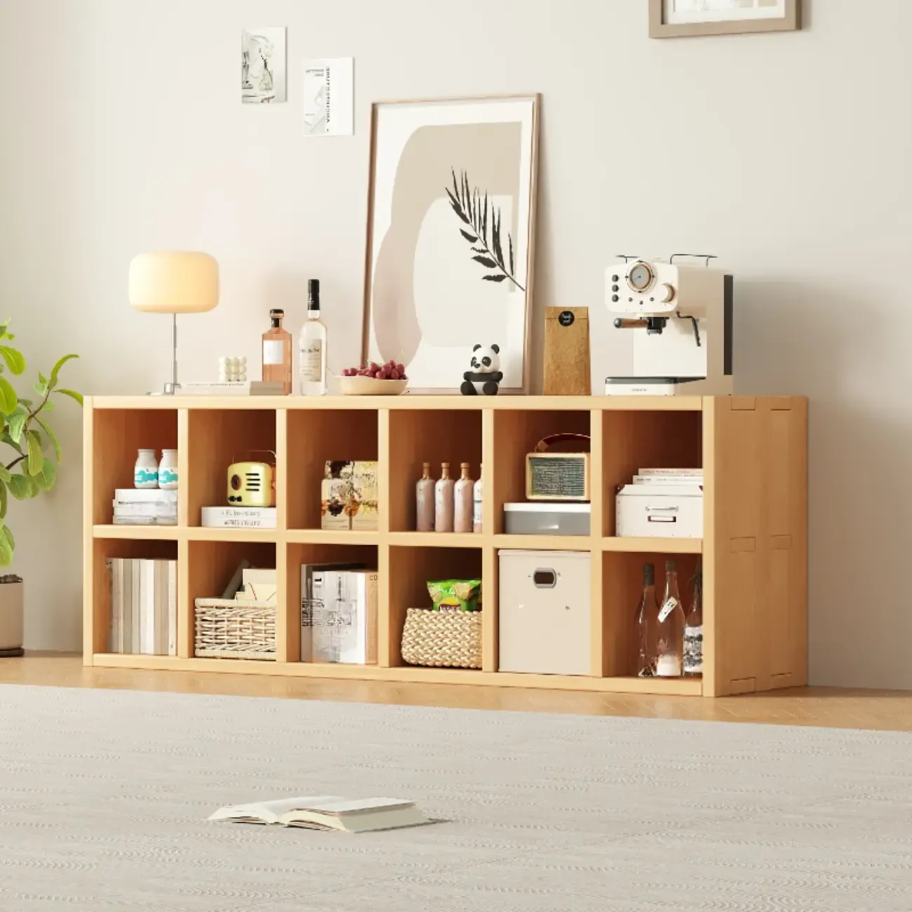 Horizontal Natural Solid Wood Open Cube Wide Bookcase
