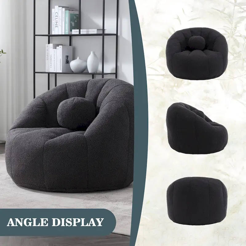 HOMEFUN Boucle Upholstered Round Lazy Cozy Bean Bag Chair With a Pillow