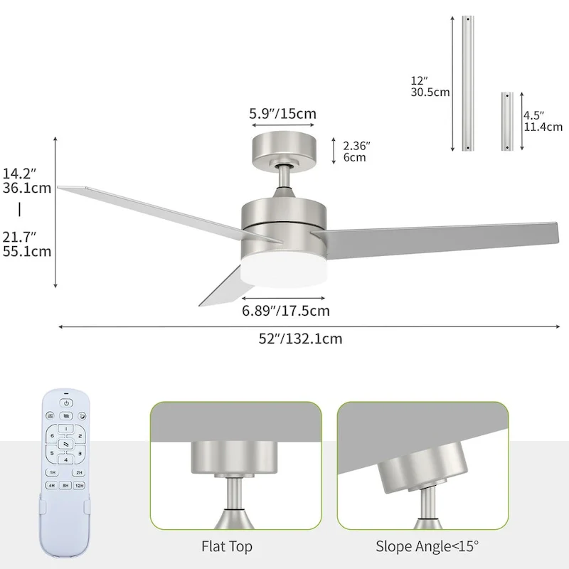 Modern Ceiling Fan with Adjustable LED Light and Remote Control, with 3 Blades - 52