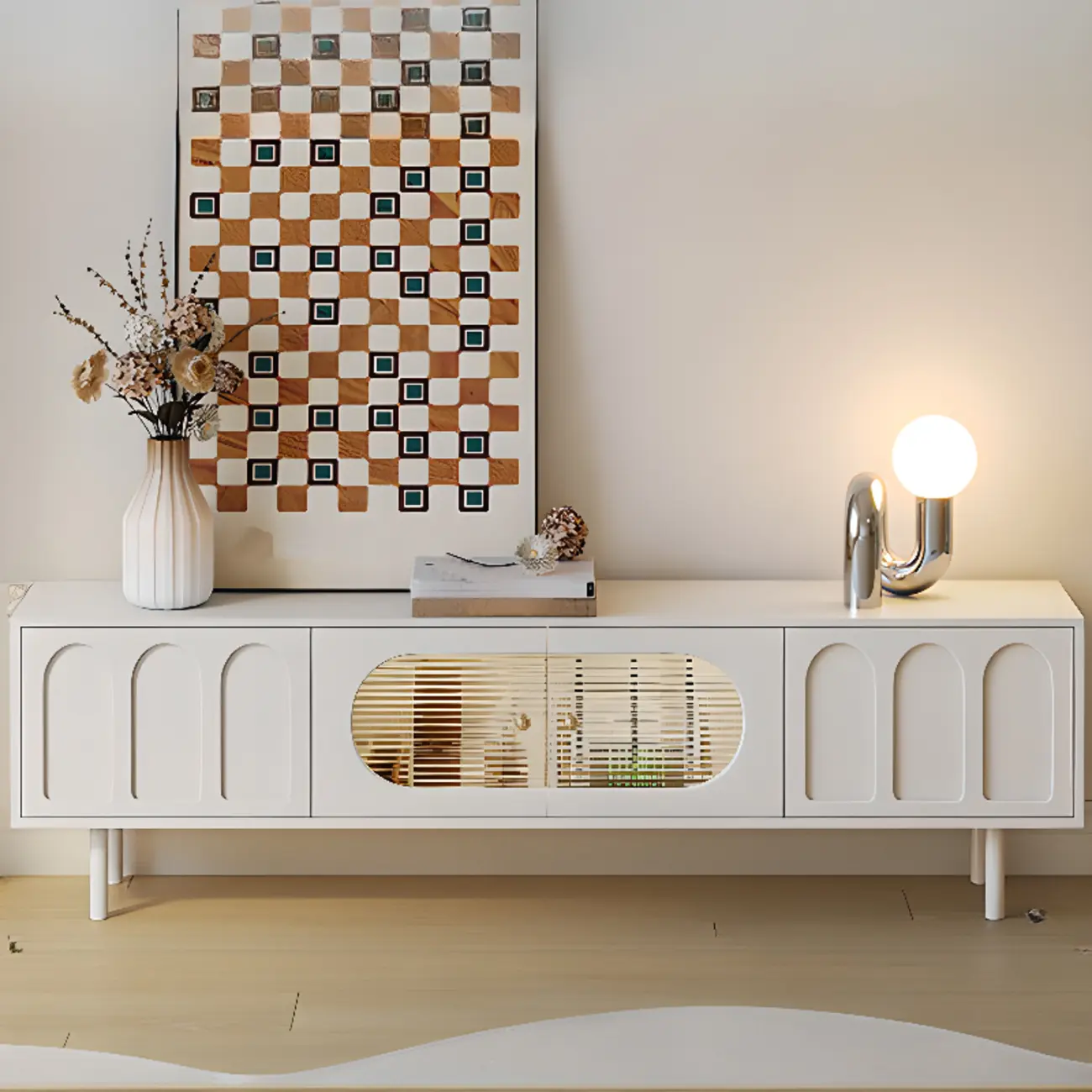 Modern White Lumber Rectangle TV Stand with Storage