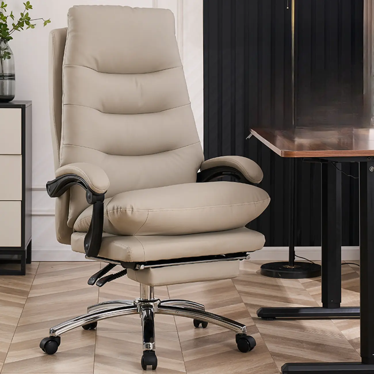 Reclining Beige Leather Adjustable Swivel Office Chair