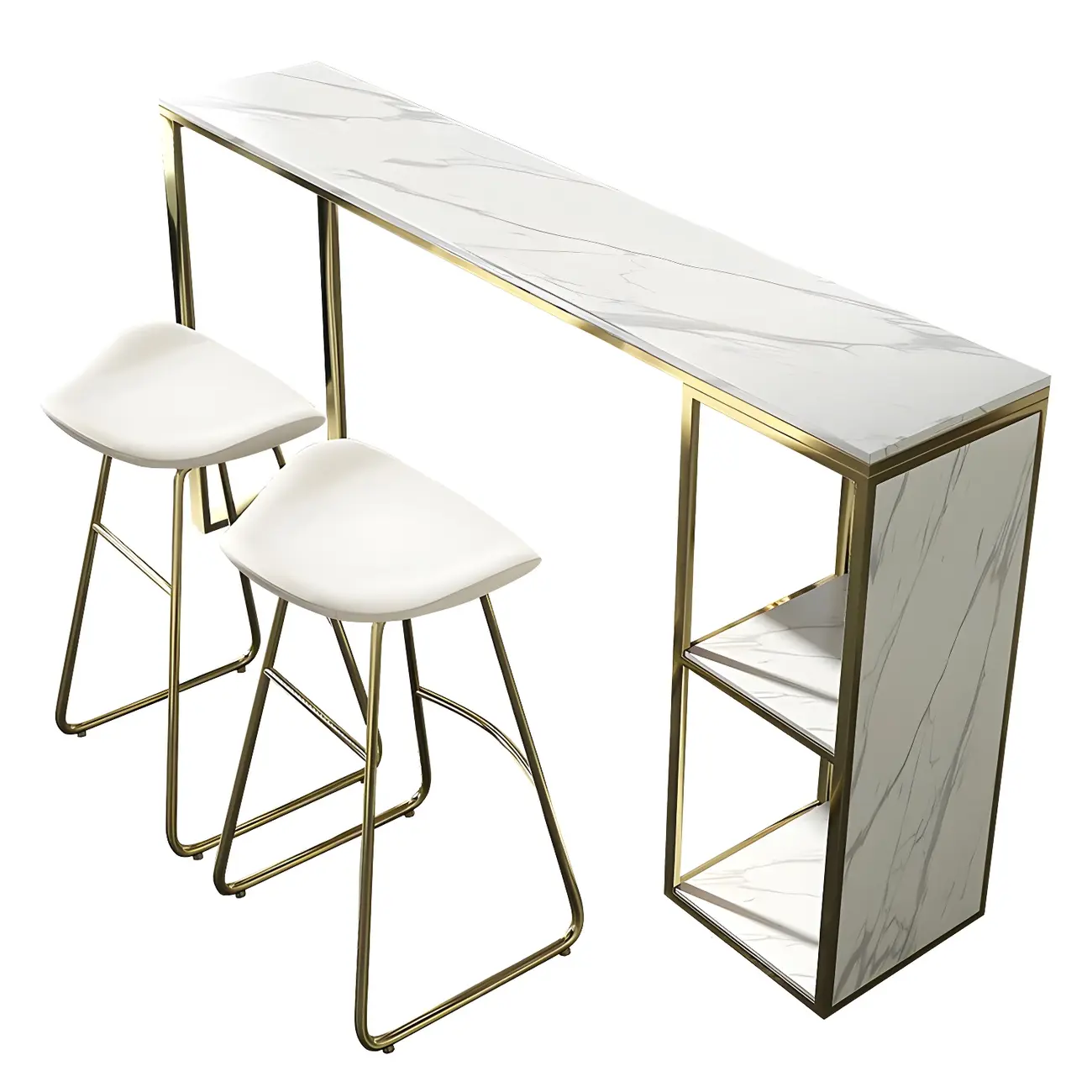 Glam White Faux Marble Gold Iron Two-Shelf Bar Tables