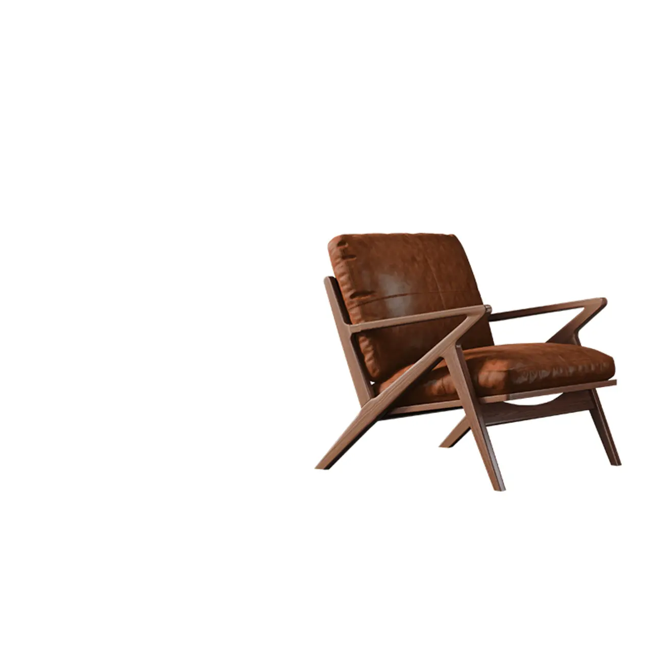 Mid-Century Modern Top Grain Leather Arm Chair Wood Frame