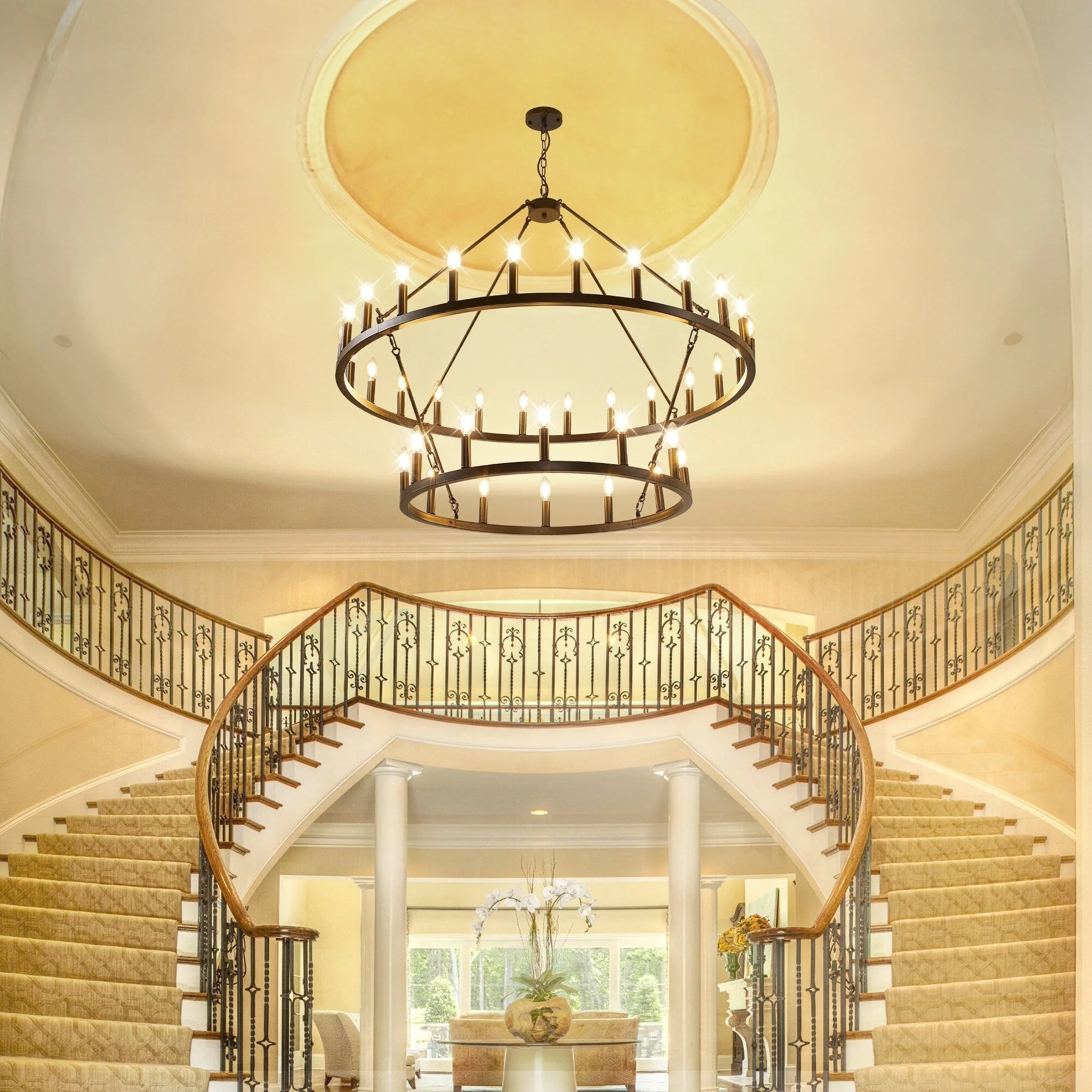 Modern Farmhouse Chandelier 2 Tier Round Wagon Wheel Chandelier Large High Ceiling Light.