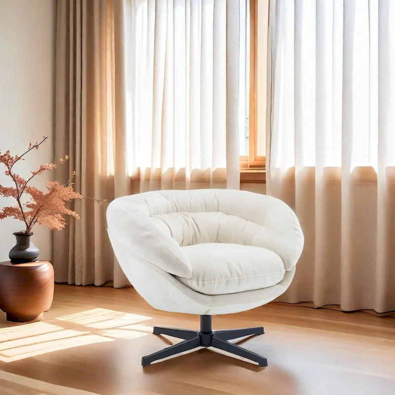 Chenille Upholstered 360 Swivel Club Chair/Accent Chair with Removable Cushion, Round Office Chair with Black Metal Base