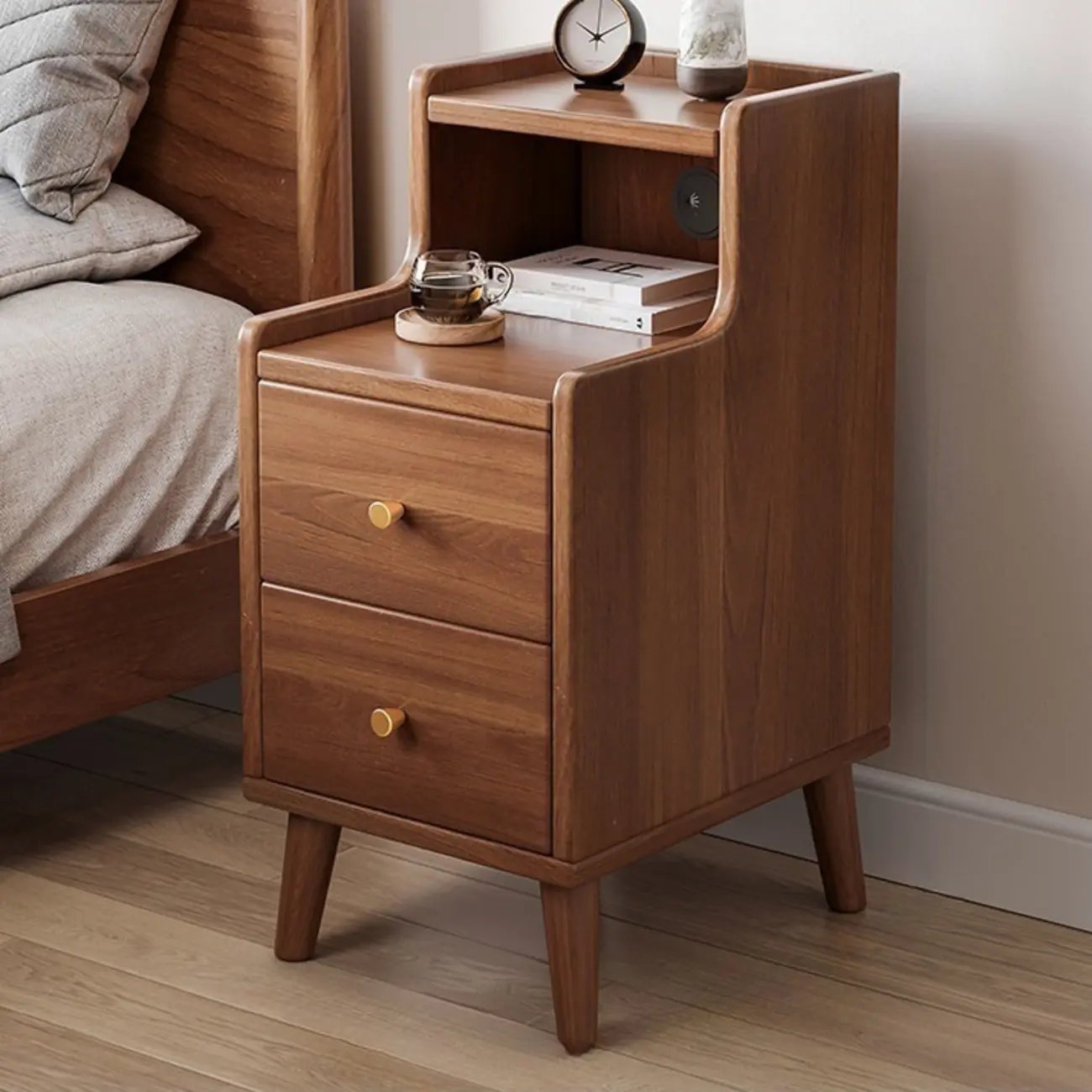 Natural Wood Scandinavian 2-Drawers Narrow Nightstand