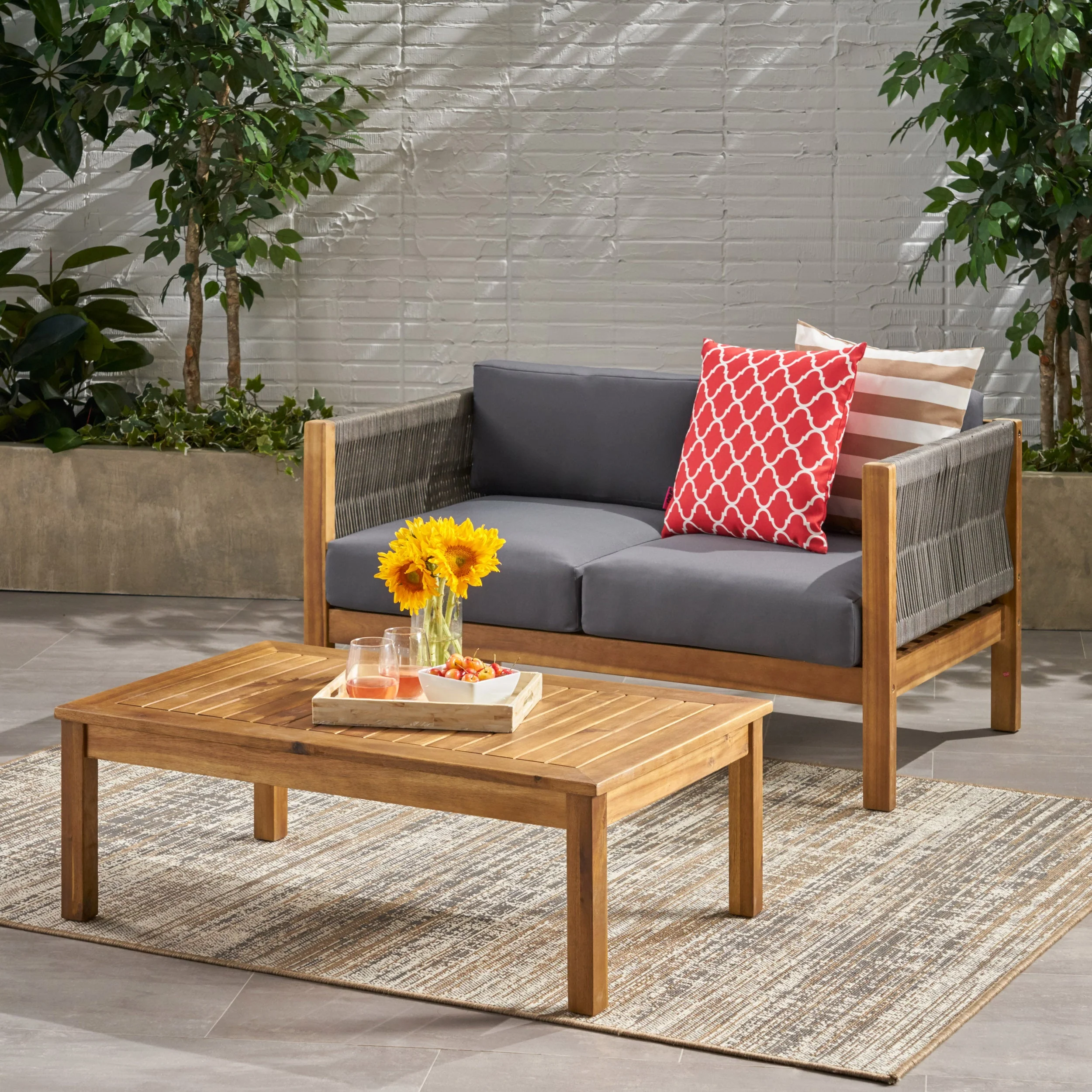 Walker Edison | Rope Design Outdoor Teak Loveseat Set
