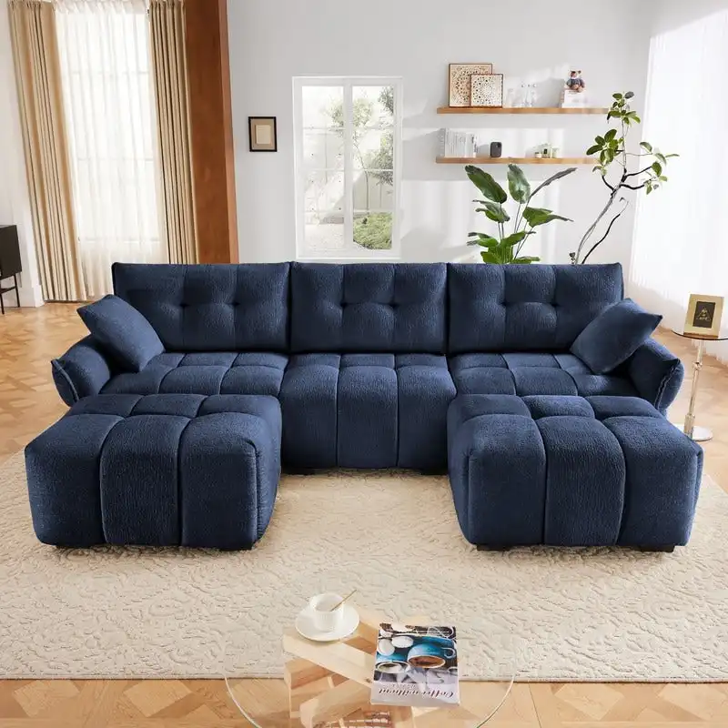 110.2 Chenille 3 Seater Upholstered Sofa, 2 Ottoman