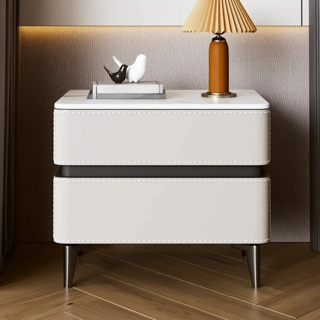 Modern Faux Leather Stone Top 2-Drawer Nightstand