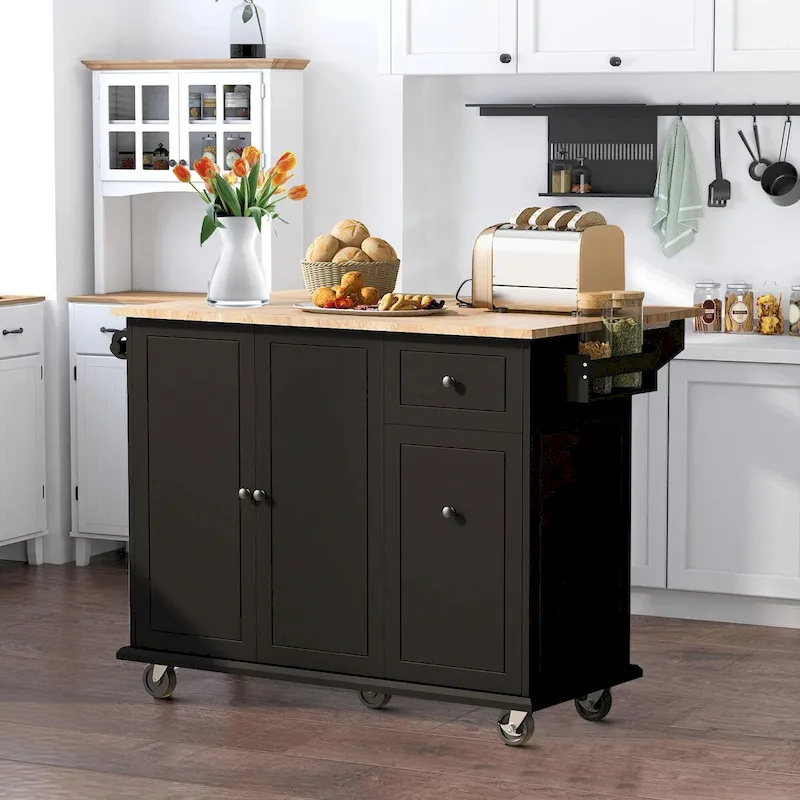 Modern Stylish Wooden Storage Kitchen Island Cart with a Drop Leaf