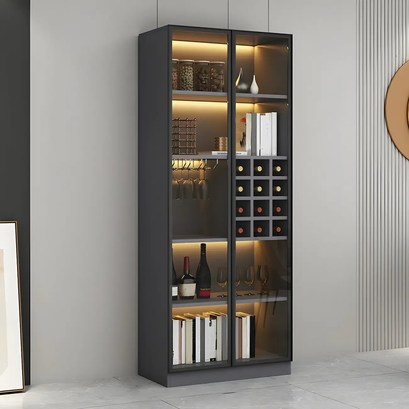 Lighting Modern Freestanding Black Wooden Wine Cabinet