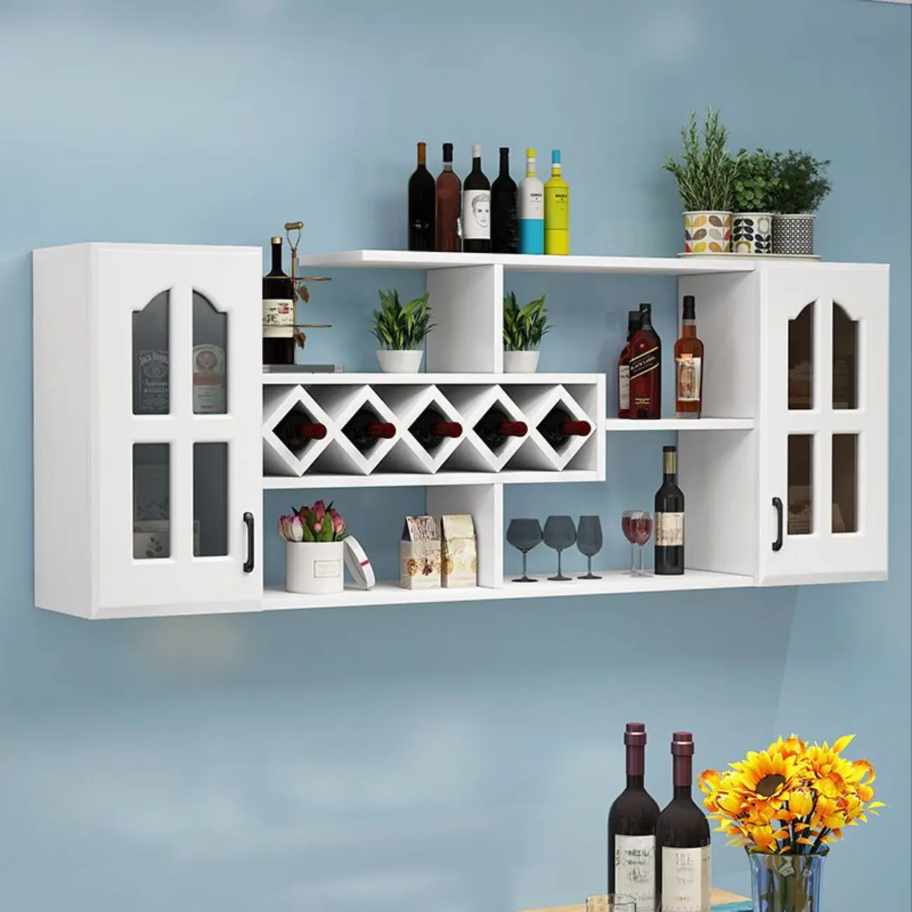 Wooden Wall-Fixed Bottle Holder Rack with Glass Holder Shelf
