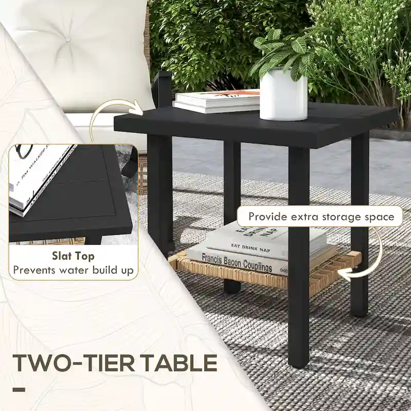 Outsunny 3 Piece Patio Bistro Set, Wicker Furniture Set with Button Tufted Cushions, Rattan Rocking Chairs and Coffee Table