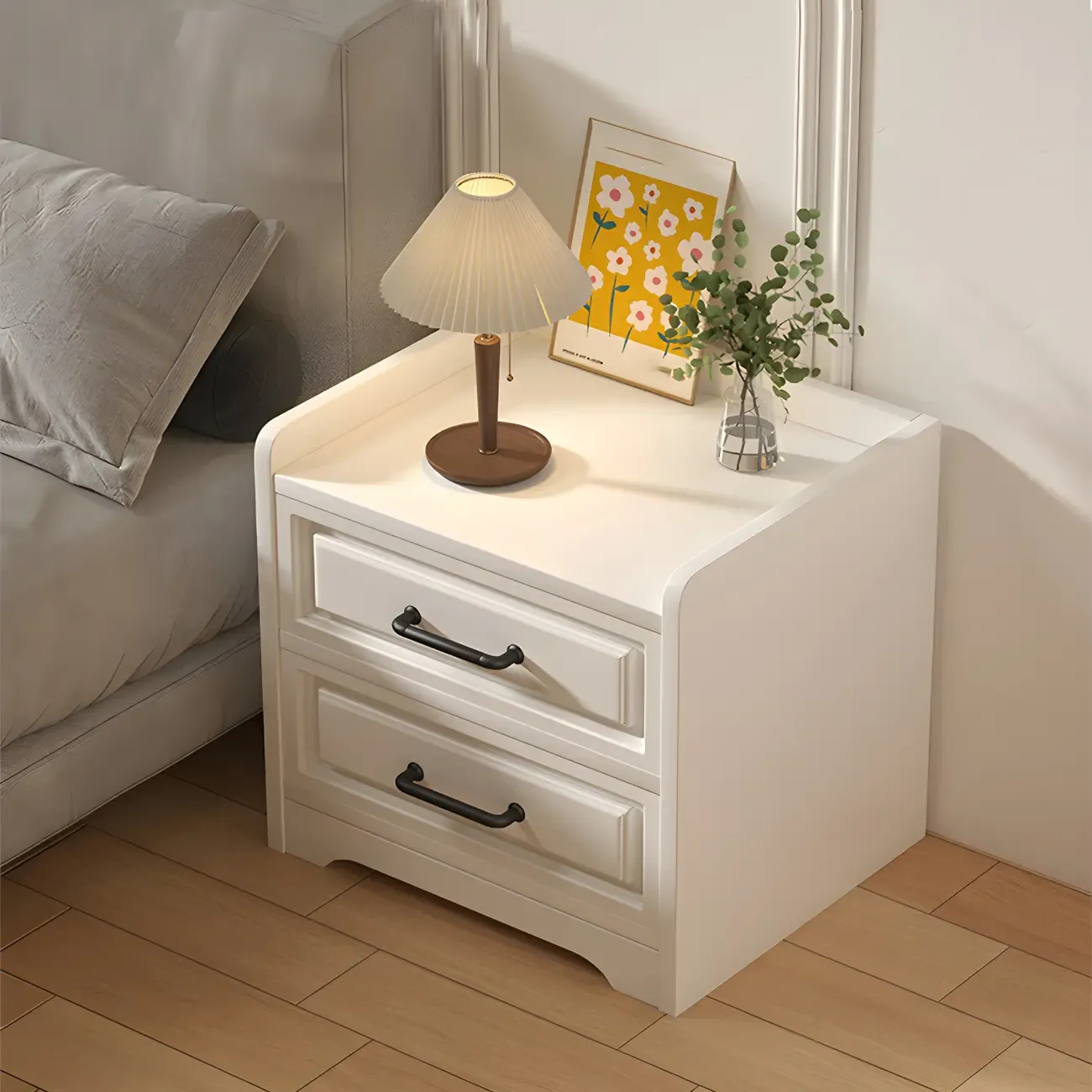 Modern White Wooden Tray Top 2-Drawer Nightstand