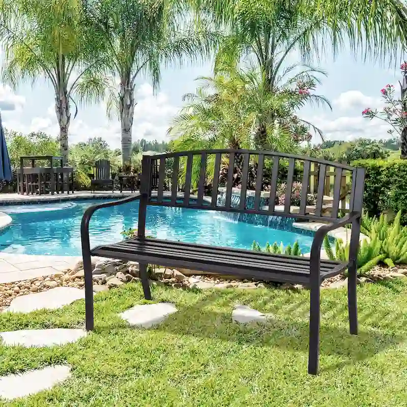 Patio Garden Bench Park Yard Loveseats with Cast Iron Frame