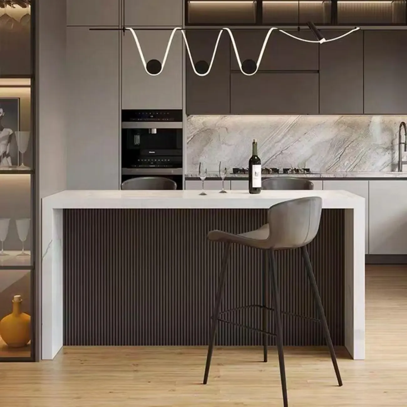 Modern Gloss White Stone Black Wood Sled Bar Tables