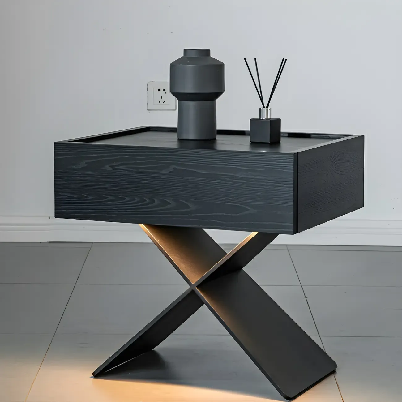 Black Wood X-Leg Drawer Storage Small Nightstand