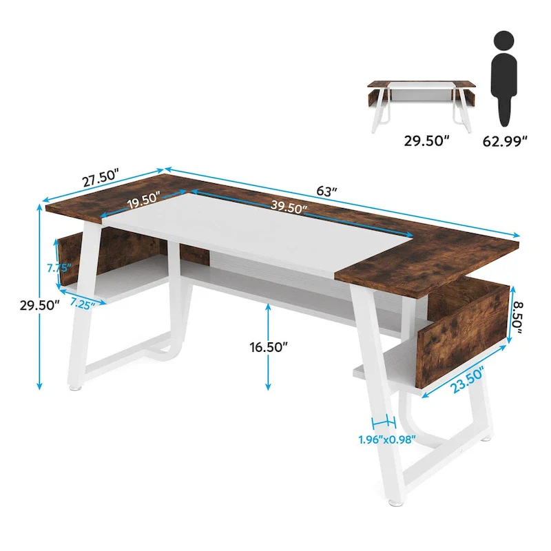 63 Inches Computer Desk with Bottom Shelves, Large Executive Desk