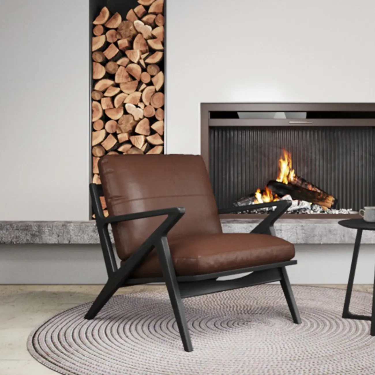 Mid-Century Modern Top Grain Leather Arm Chair Wood Frame