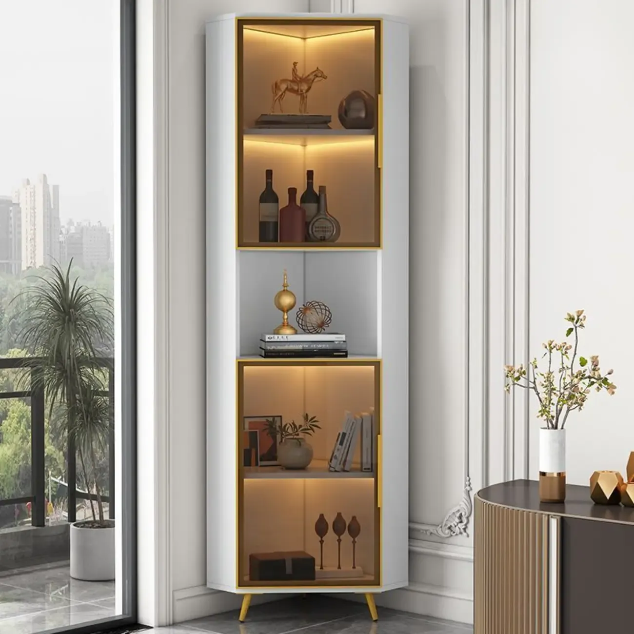 Modern Glam White-Gold Wood Glass Display Cabinet