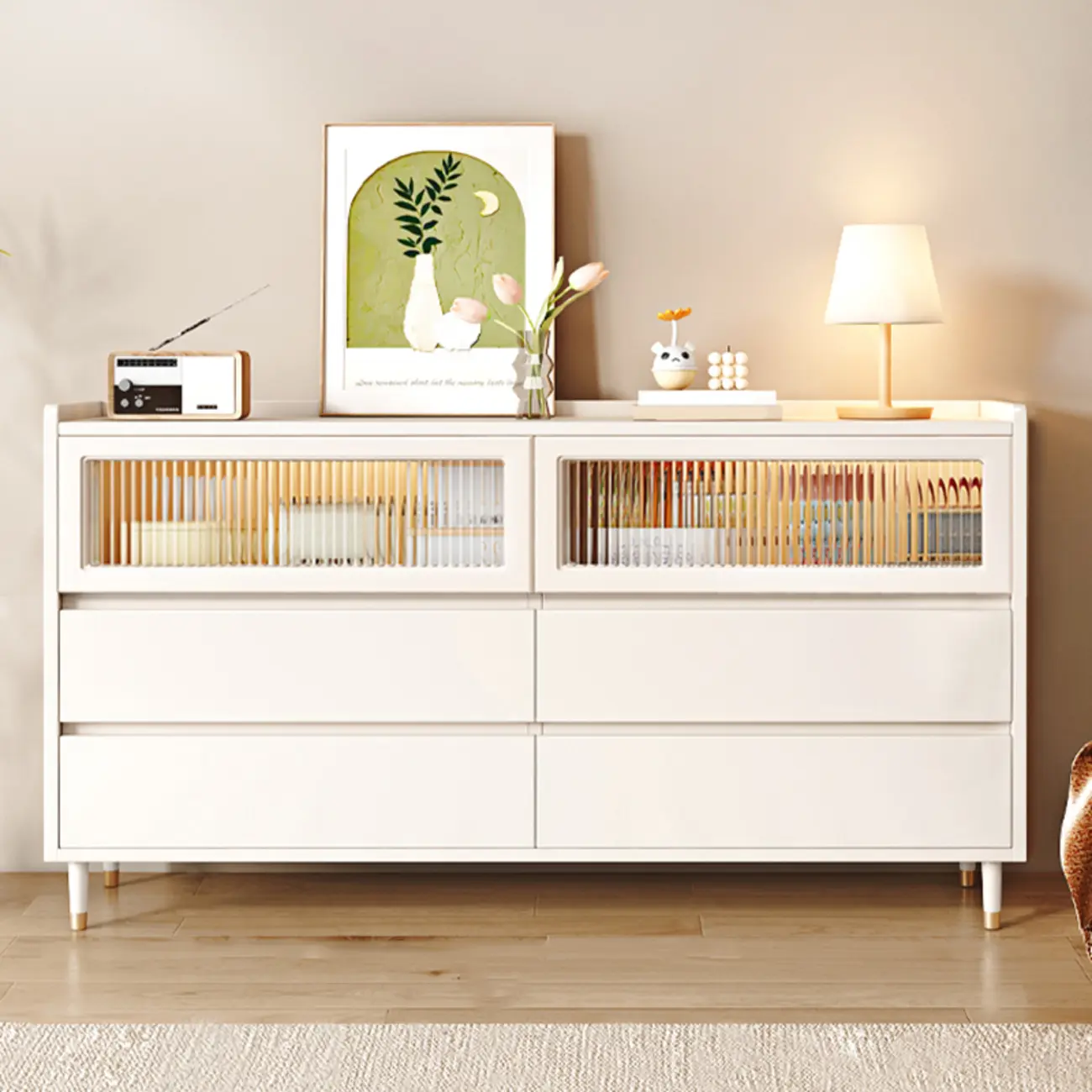 Elegant Pine Wooden Double Dresser with 6-Drawers