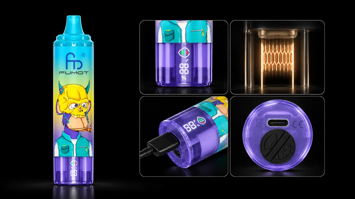FUMOT Tornado 15000 Grape Ice – Detailansichten von Display, Heizsystem, USB-C-Anschluss und Luftregulierung